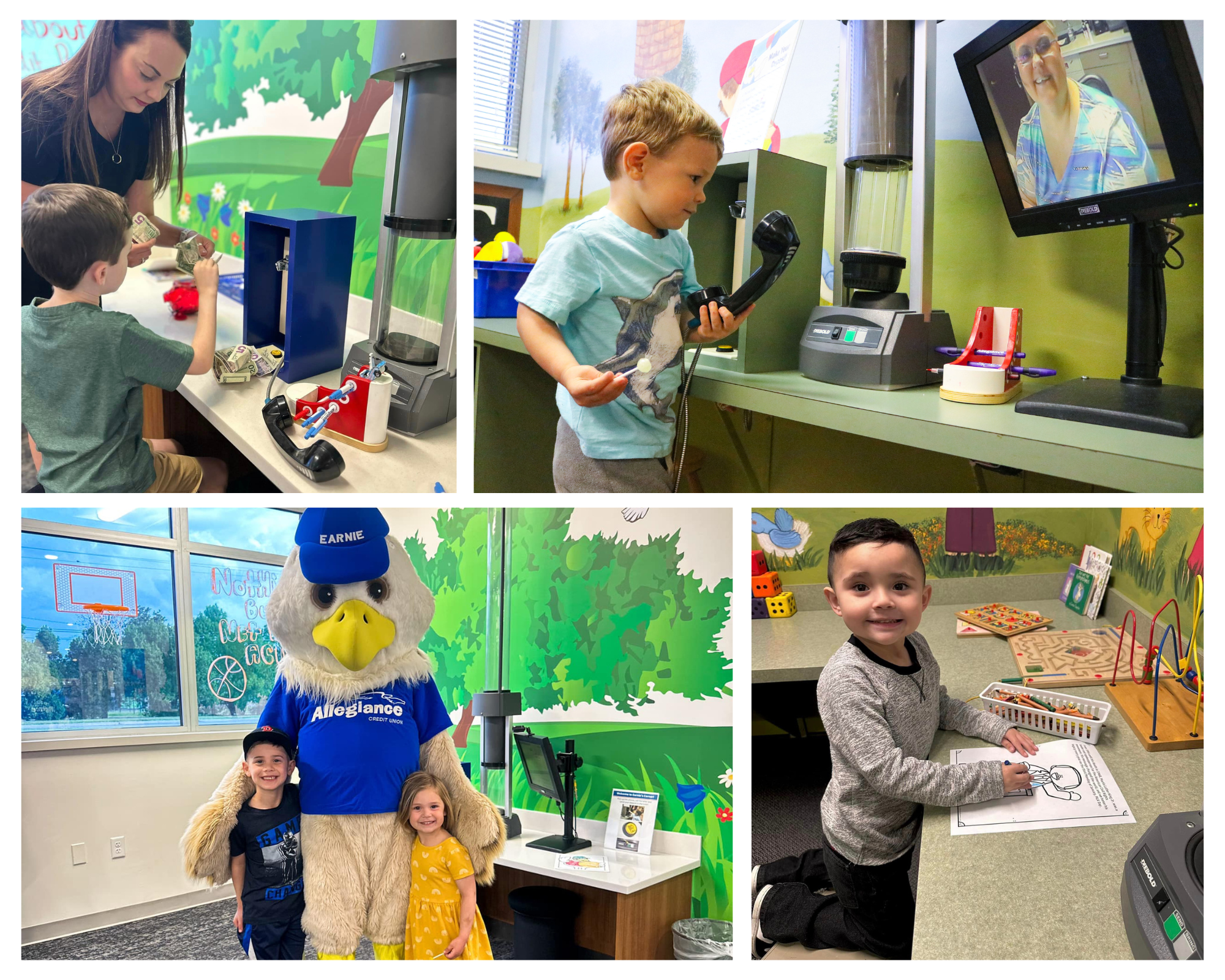 Children learning to save in Earnie's Corner at Allegiance Credit Union