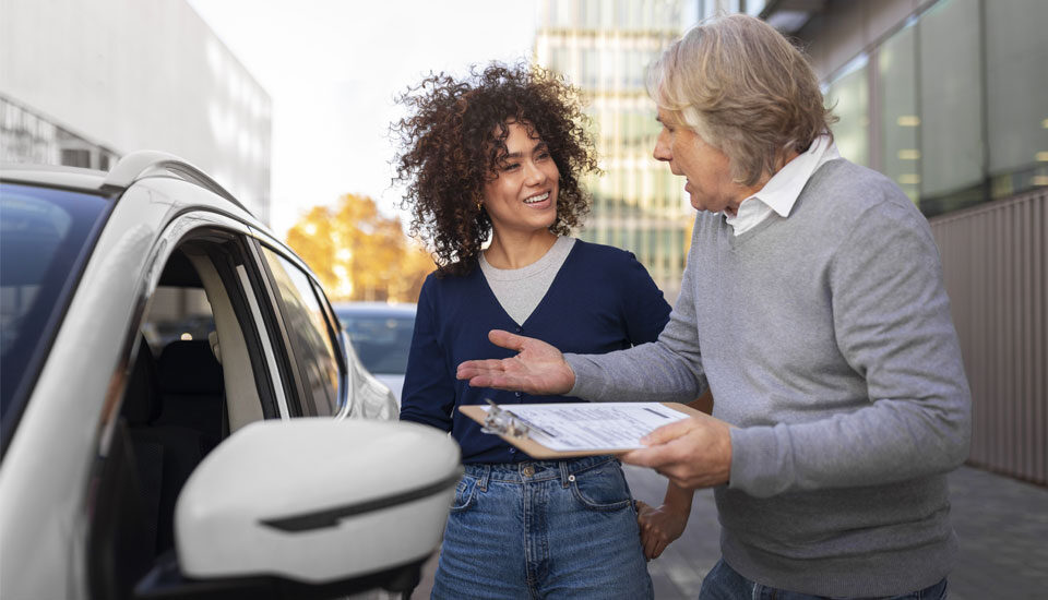 Older-man-reviewing-checklist-of-questions-to-ask-when-buying-a-used-car-to-the-young-beatiful-african-american-woman-selling-her-car.